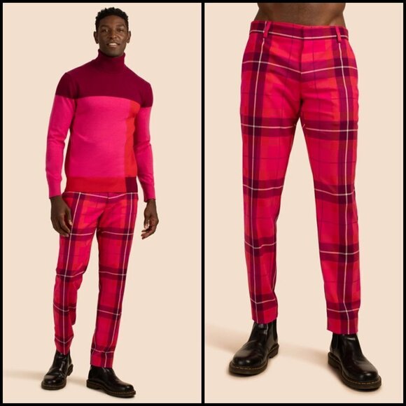 💕MR TURK💕 Clyde Slim Trouser ~ Planetary Plaid Aurora Pink Multi 31 NWT - Picture 1 of 15